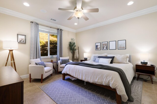 bedroom featuring ceiling fan, ornamental molding, and light tile patterned flooring