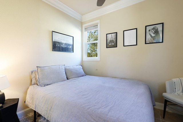 tiled bedroom featuring ceiling fan and crown molding