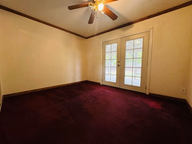 carpeted empty room featuring a textured ceiling, french doors, ornamental molding, and ceiling fan