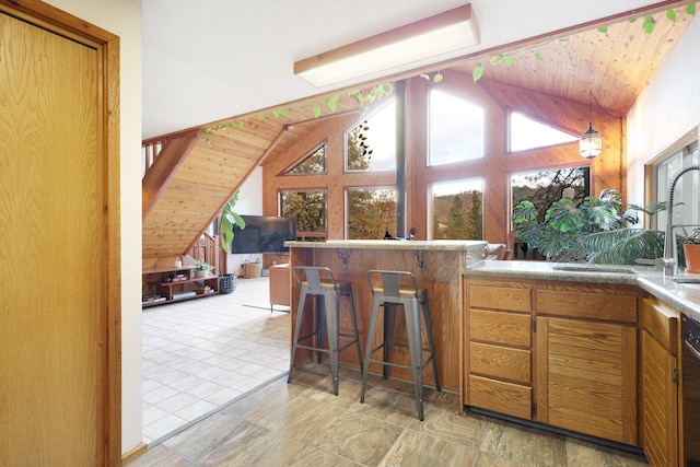 kitchen with black dishwasher, hanging light fixtures, and lofted ceiling