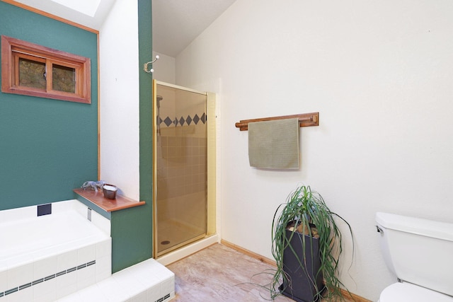 bathroom featuring shower with separate bathtub, toilet, and lofted ceiling