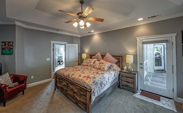 carpeted bedroom with ornamental molding, access to outside, and ceiling fan