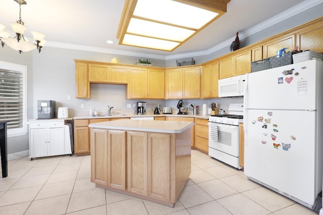 kitchen featuring ornamental molding, white appliances, pendant lighting, light brown cabinets, and an inviting chandelier