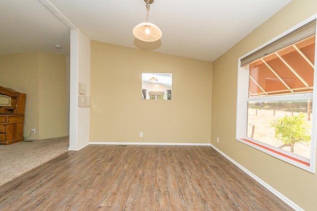 spare room featuring wood-type flooring and lofted ceiling