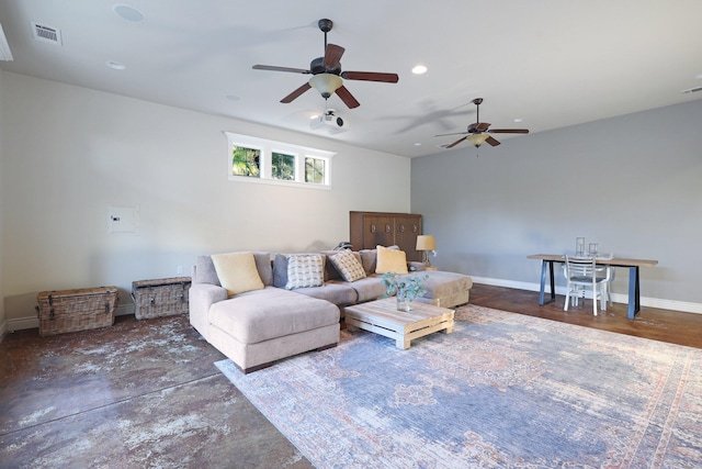 living room with ceiling fan