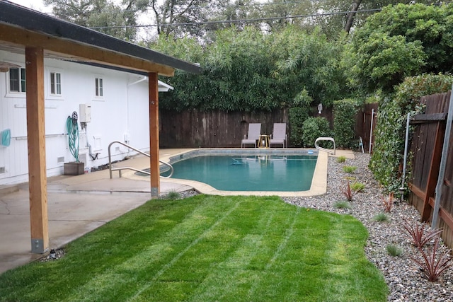 view of swimming pool featuring a patio and a lawn