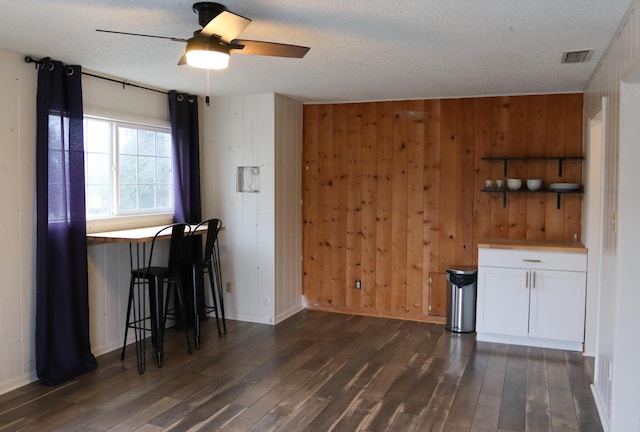 interior space with ceiling fan, dark wood-type flooring, and a textured ceiling