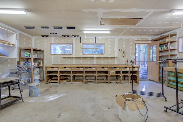 basement with a workshop area and plenty of natural light