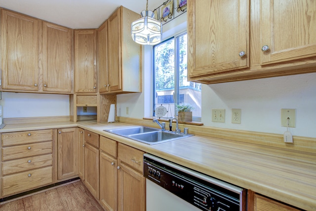 kitchen with light hardwood / wood-style flooring, decorative light fixtures, stainless steel dishwasher, and sink