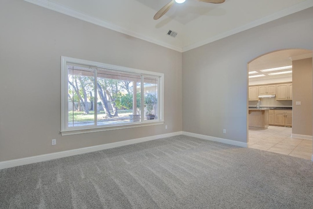 spare room featuring ceiling fan, sink, light colored carpet, and ornamental molding