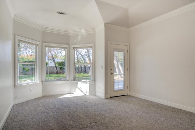 carpeted spare room featuring ornamental molding