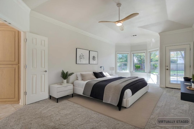 bedroom featuring light carpet, access to outside, ceiling fan, and crown molding