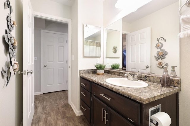 bathroom with wood-type flooring and vanity