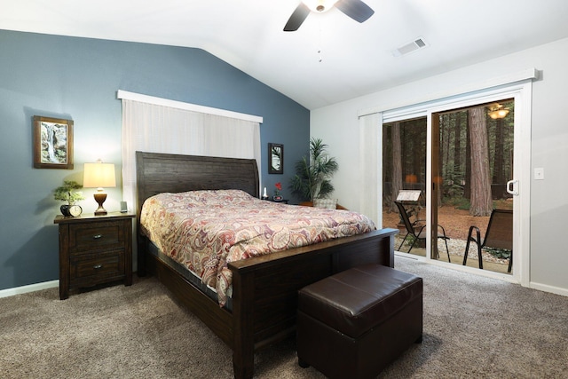 carpeted bedroom with access to exterior, ceiling fan, and lofted ceiling