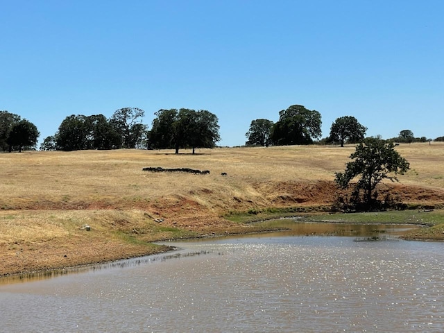 view of yard with a rural view and a water view