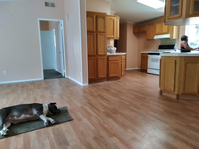 kitchen featuring tile countertops, white range oven, and light hardwood / wood-style flooring