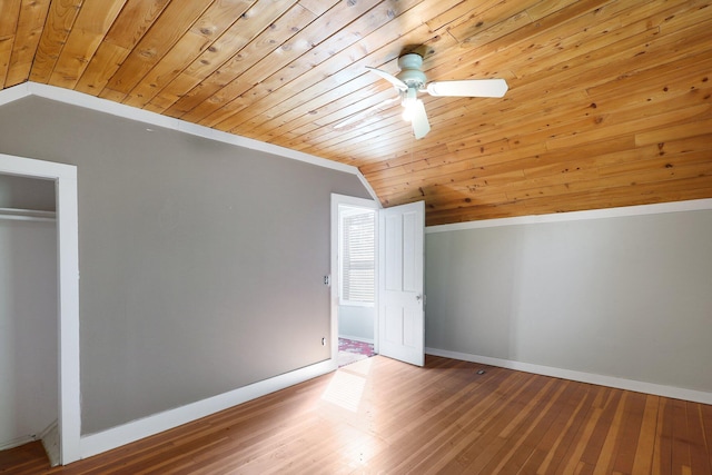 bonus room with hardwood / wood-style flooring, ceiling fan, lofted ceiling, and wood ceiling