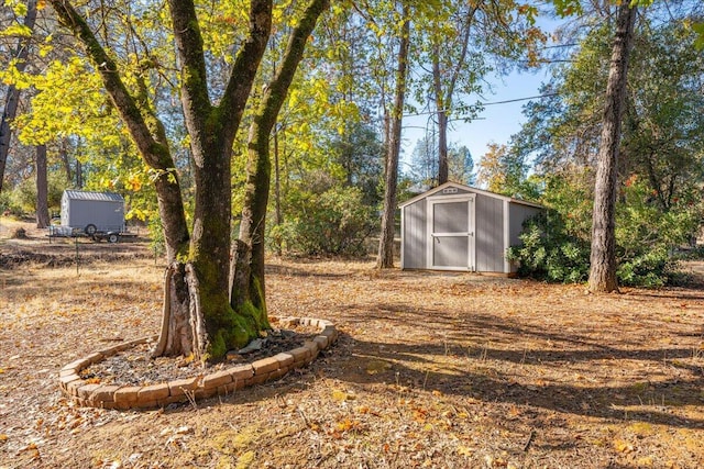 view of yard featuring a shed