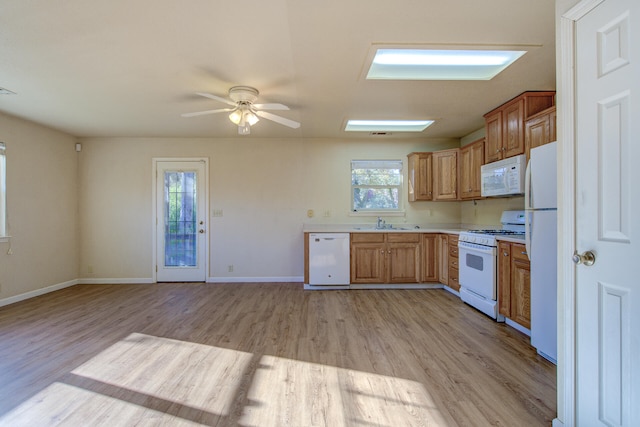 kitchen with a skylight, white appliances, ceiling fan, sink, and light hardwood / wood-style flooring