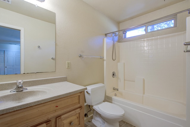 full bathroom with tile patterned flooring, shower / washtub combination, vanity, and toilet