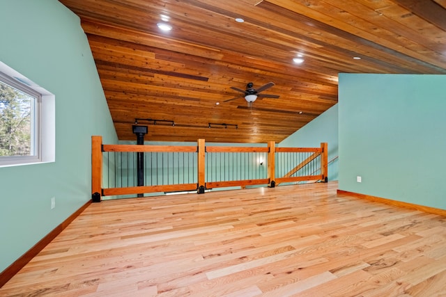 additional living space with vaulted ceiling, light hardwood / wood-style flooring, ceiling fan, and wood ceiling