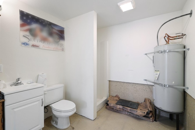 bathroom with walk in shower, secured water heater, toilet, and vanity