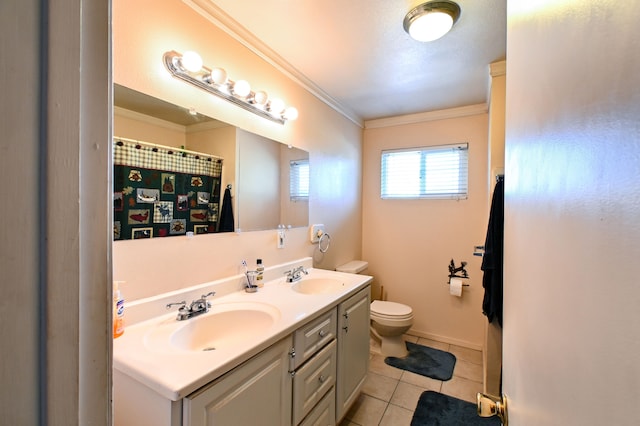 bathroom with vanity, tile patterned flooring, toilet, ornamental molding, and walk in shower