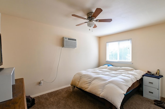 carpeted bedroom with a wall mounted AC and ceiling fan