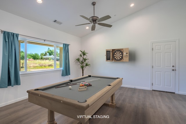 recreation room featuring hardwood / wood-style flooring, ceiling fan, high vaulted ceiling, and pool table