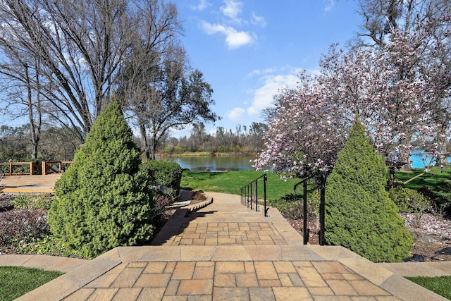 view of community with a water view and a lawn