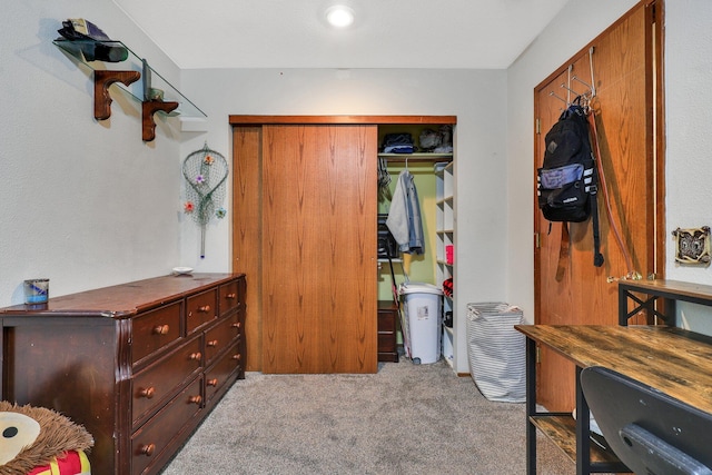 bedroom featuring light colored carpet and a closet