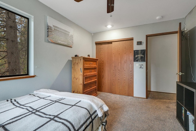 bedroom with ceiling fan, a closet, and carpet floors