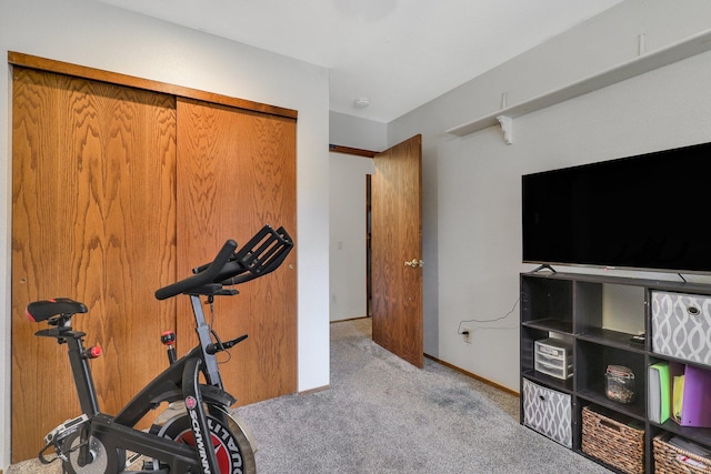 exercise room featuring light colored carpet