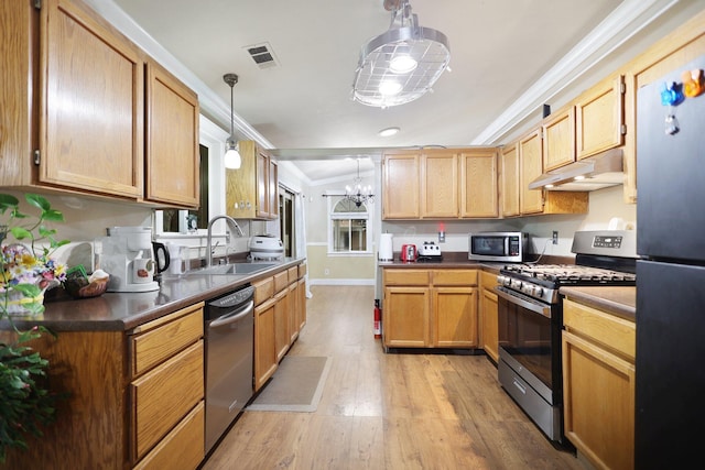 kitchen with pendant lighting, sink, light wood-type flooring, ornamental molding, and appliances with stainless steel finishes