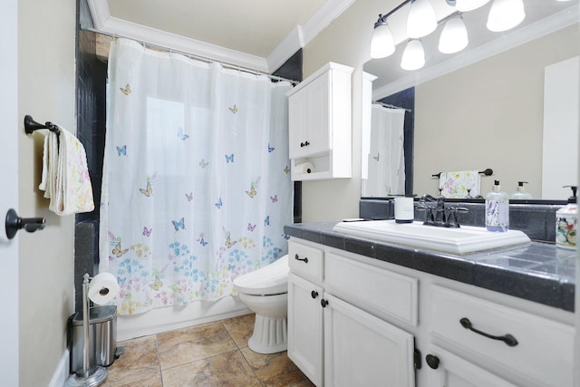 full bathroom featuring shower / bath combo, vanity, toilet, and crown molding