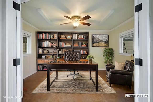 office area featuring ceiling fan, crown molding, and a healthy amount of sunlight