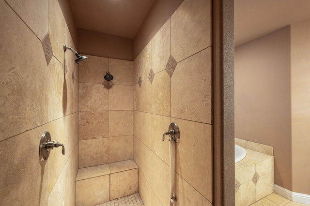 bathroom featuring tile patterned floors and separate shower and tub