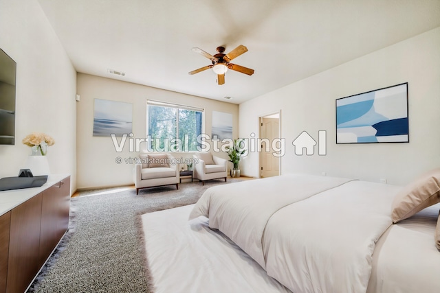 bedroom featuring carpet floors and ceiling fan