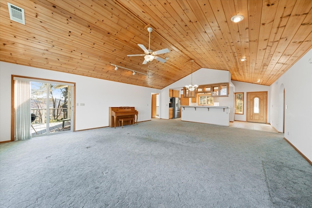 unfurnished living room with ceiling fan with notable chandelier, wooden ceiling, light carpet, and high vaulted ceiling