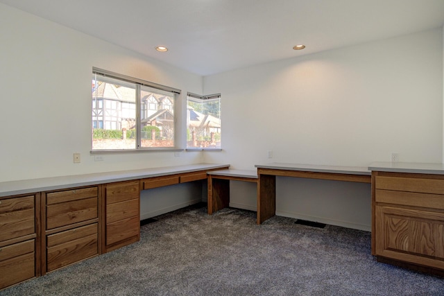 738 Sunriver Ln, Redding, CA 96001 - unfurnished office featuring built in desk, dark carpet, and recessed lighting