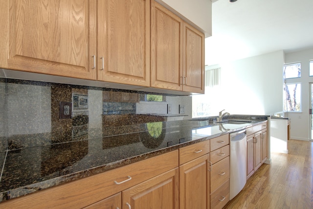 kitchen with light hardwood / wood-style floors, stainless steel dishwasher, dark stone counters, and sink