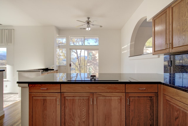 kitchen featuring kitchen peninsula, tasteful backsplash, black cooktop, ceiling fan, and light hardwood / wood-style floors