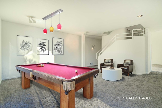 game room with carpet and billiards