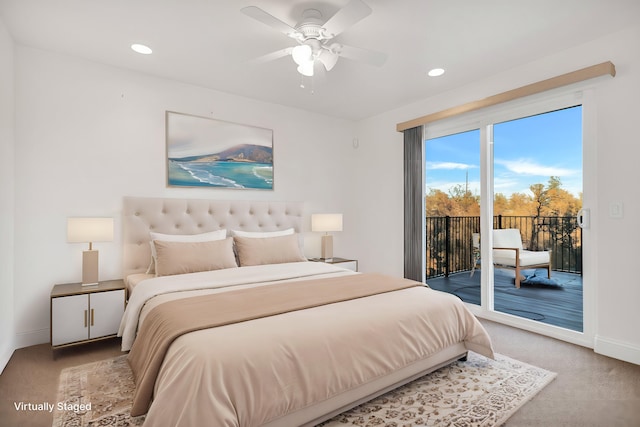 carpeted bedroom featuring ceiling fan and access to exterior