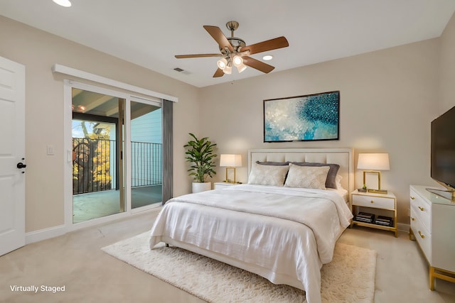 bedroom featuring access to outside, ceiling fan, and light carpet