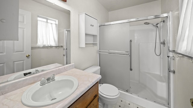 full bathroom with vanity, a shower stall, and toilet