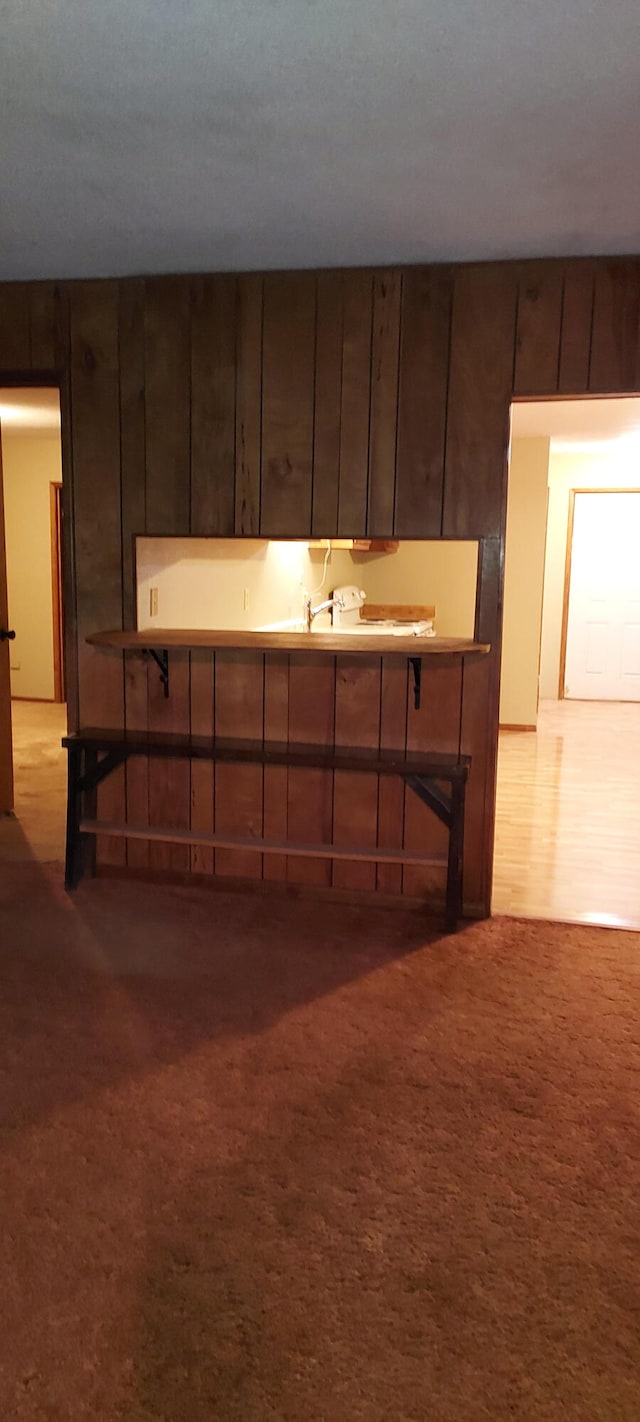 kitchen with light carpet and wood walls