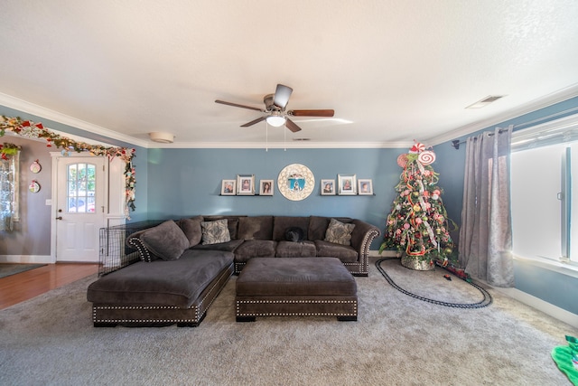 living room with carpet, ceiling fan, and crown molding