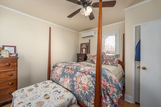 bedroom with hardwood / wood-style floors, ceiling fan, an AC wall unit, and ornamental molding