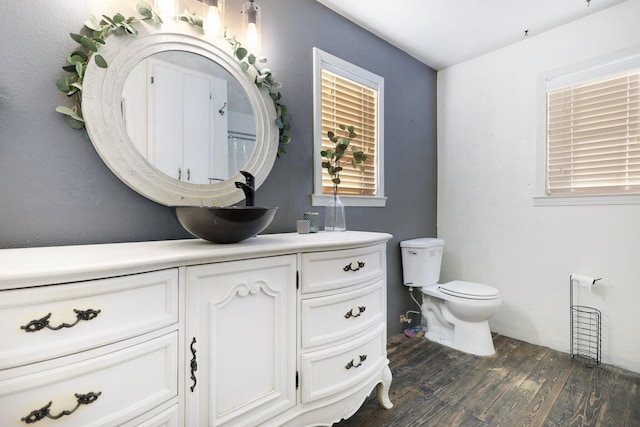 bathroom with vanity, wood-type flooring, and toilet